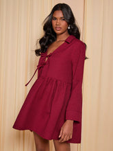 COSMINA Ladies' Solid Color Lapel Long Sleeve Tie Front Mini Dress